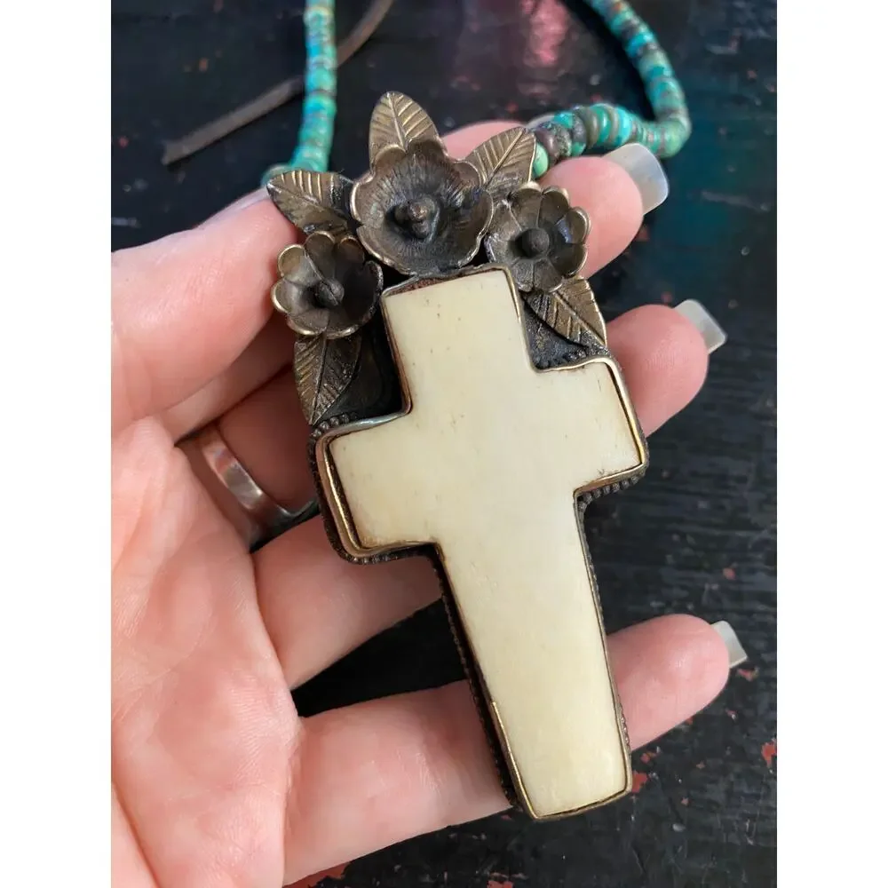 southwestern style silver floral and bone cross necklace, turquoise beads, boho